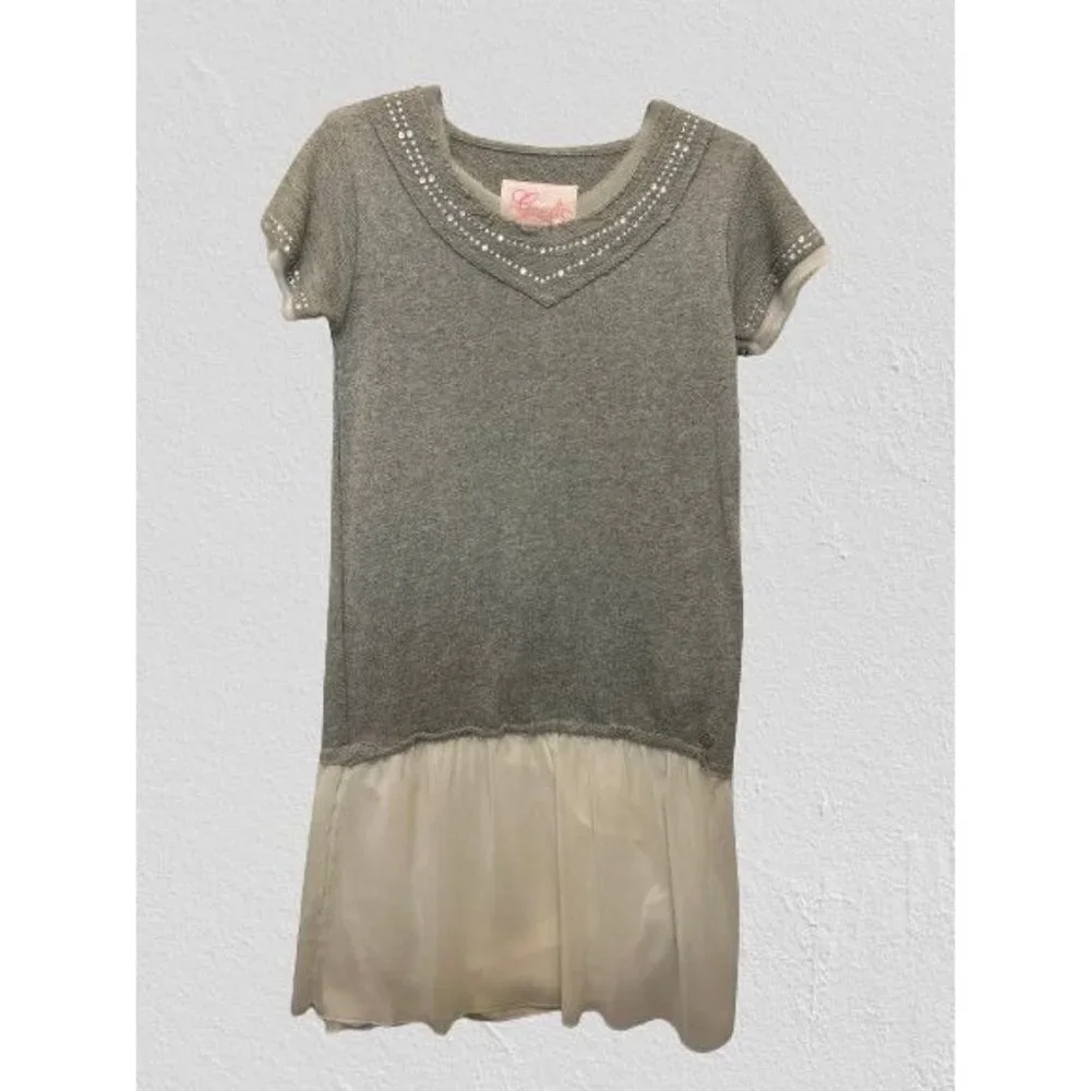 JAUDI Girls Dress Knitted Cotton Gray Crystals Crewneck Short Sleeve Size 14
